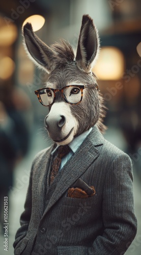 Donkey in Business Attire Wearing Glasses on City Street: Anthropomorphic Animal in Suit and Glasses, Street Photography with Humorous, Surreal, Unique Concept, Business Creative, Generative AI