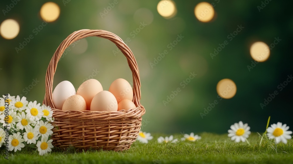 Easter eggs in a wicker basket surrounded by flowers