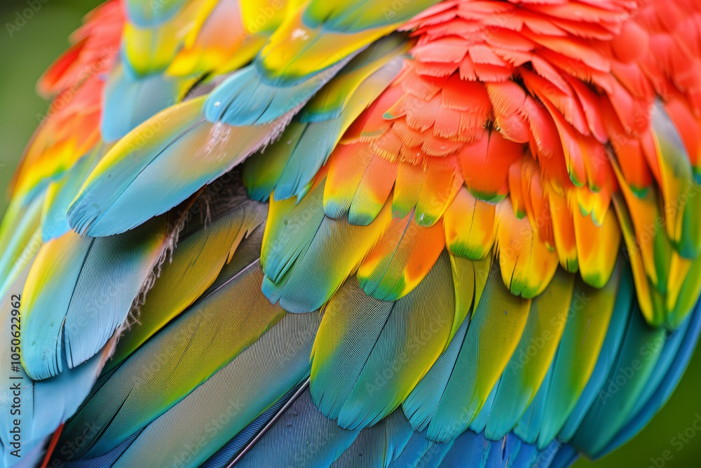 Obraz premium The vivid plumage of a tropical parrot showcases brilliant shades of red, orange, yellow, and blue, creating a striking display against the natural greenery