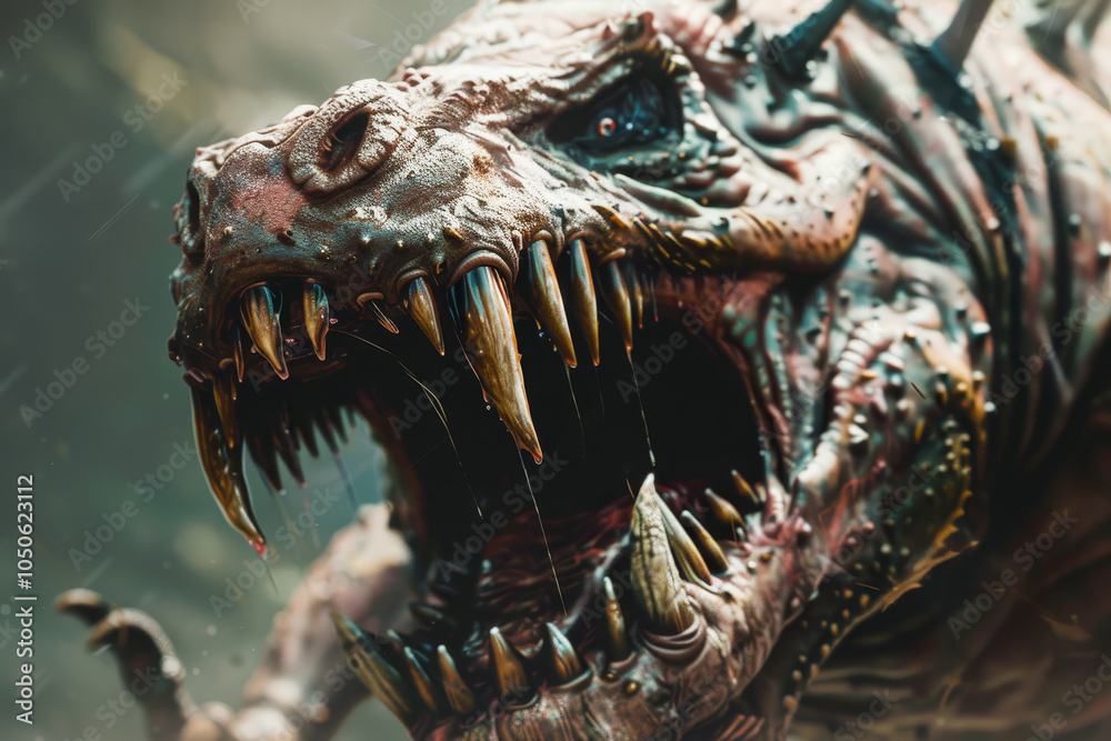 The monstrous creature, drenched and snarling, displays its menacing fangs amidst a backdrop of heavy rain and shadowy trees, creating an intense atmosphere