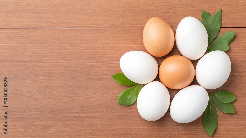 Fresh eggs arranged with green leaves on wooden surface Fresh eggs arranged with green leaves on wooden surface