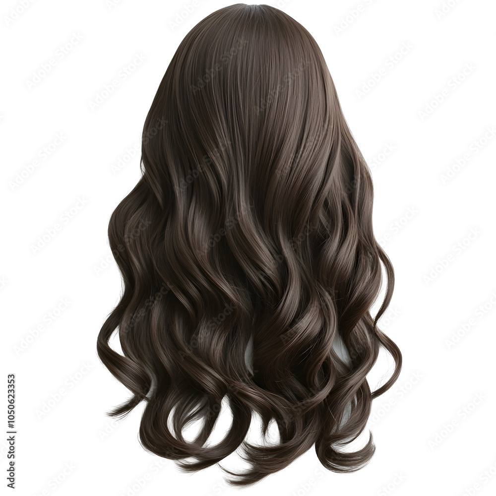 Fototapeta premium Brushed-Out,Loose Dark Brown Wavy Woman Hair Wig on Clean White Studio Background