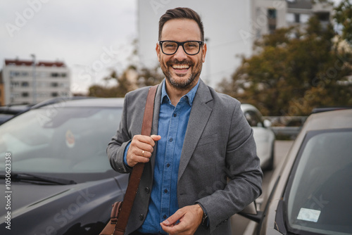 Portrait of handsome businessman wear briefcase and prepare for work