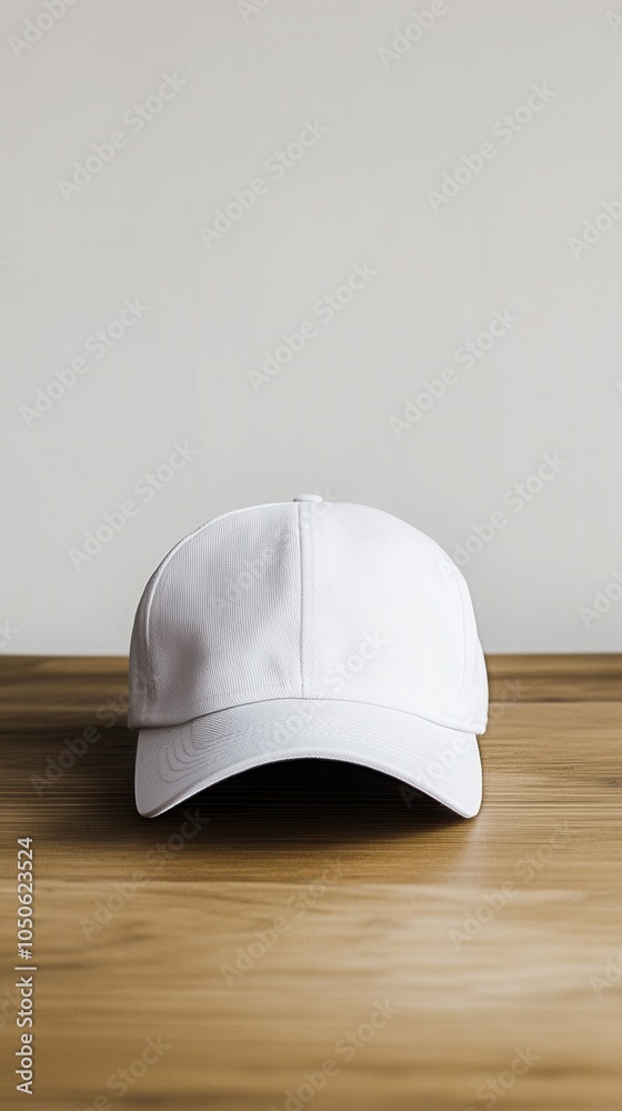 A white minimalist cap rests on a smooth wooden surface, showcasing its simple design A white minimalist cap rests on a smooth wooden surface, showcasing its simple design