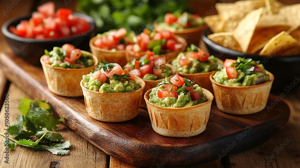 Mini guacamole cups with tortilla chips placed on a rustic wooden board, surrounded by small bowls of salsa and garnishes like cilantro and diced tomatoes, Mini guacamole cups with tortilla chips placed on a rustic wooden board, surrounded by small bowls of salsa and garnishes like cilantro and diced tomatoes,