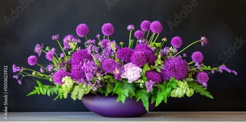 Elegant modern floral arrangement featuring vibrant purple allium flowers in a sleek design