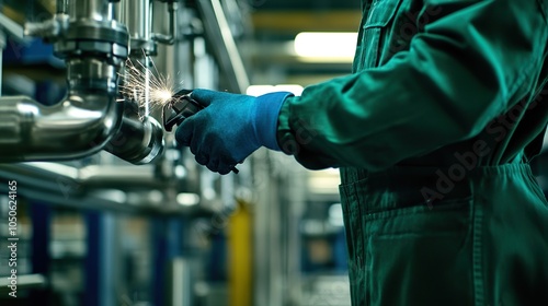 A worker in a green jumpsuit and blue gloves uses a grinder to weld a pipe in a factory.