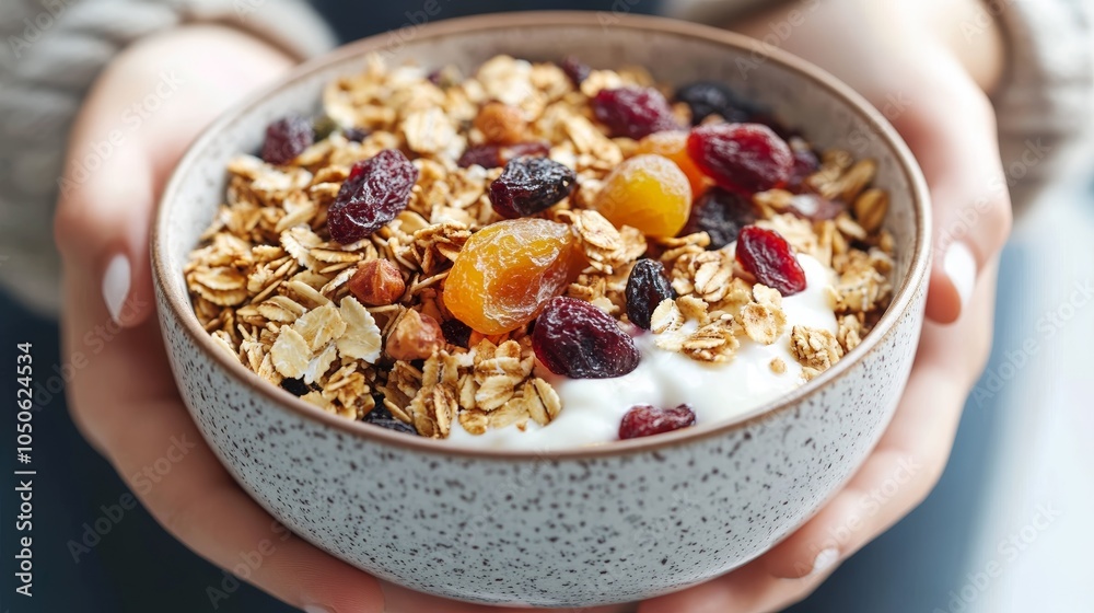 Nutritious Granola Bowl with Dried Fruits and Nuts on Blue Tablecloth Close-up Nutritious Granola Bowl with Dried Fruits and Nuts on Blue Tablecloth Close-up