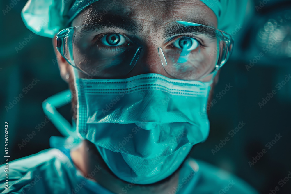 A focused surgeon wearing a mask and goggles stares into the camera, revealing determination and concentration while preparing for surgery in a sterile environment A focused surgeon wearing a mask and goggles stares into the camera, revealing determination and concentration while preparing for surgery in a sterile environment