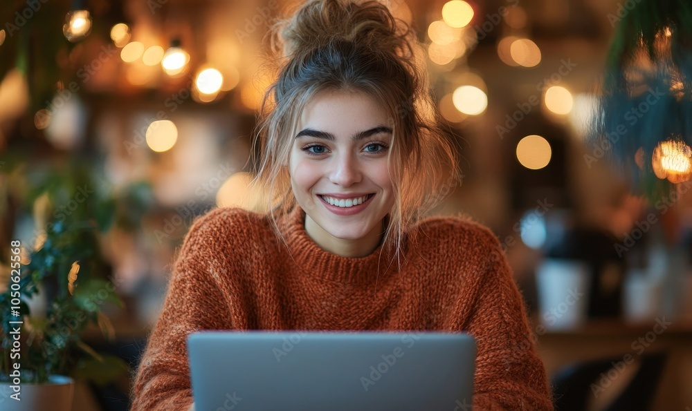 Young Woman in Cozy Sweater Using Laptop with a Bright Smile in a Warm Lit Cafe, Illustrating Modern Work-Life Balance and Connectivity, Perfect for Technology and Lifestyle, Generative AI Young Woman in Cozy Sweater Using Laptop with a Bright Smile in a Warm Lit Cafe, Illustrating Modern Work-Life Balance and Connectivity, Perfect for Technology and Lifestyle, Generative AI