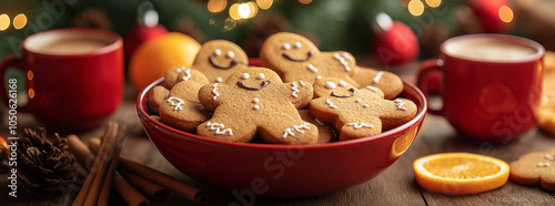 A bowl of gingerbread cookies, with cinnamon sticks, orange slices, and hot cocoa in red mugs on the side. Decorations such as Christmas trees and processional are in the background on a wooden table