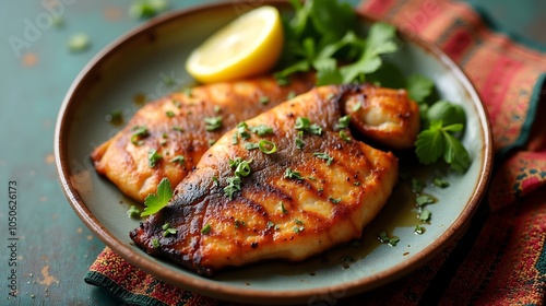 Grilled Fish Pescado a la Plancha with Lemon and Fresh Herbs (Cuban Cuisine)