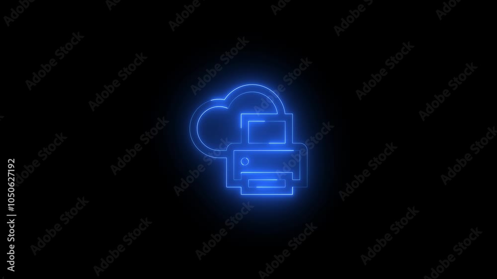 Neon cloud printer icon glowing black background animation Neon cloud printer icon glowing black background animation