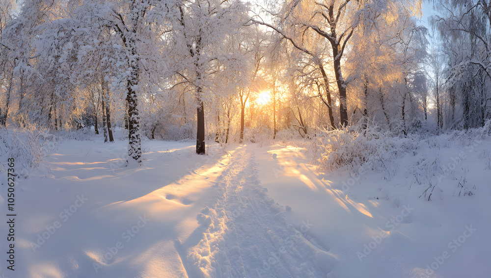 Beautiful winter forest landscape with tall trees covered in snow at sunset. AI generative. Beautiful winter forest landscape with tall trees covered in snow at sunset. AI generative.