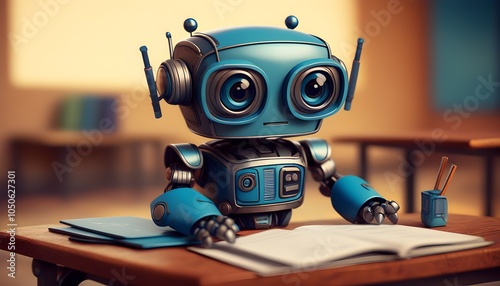 Dissatisfied robot student struggles with homework in a futuristic classroom, blending technology and education in a cartoon style