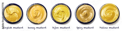 Various mustard sauces in blue bowls, English mustard,  honey mustard, Dijon mustard, Spicy mustard and Yellow mustard. isolated on white
