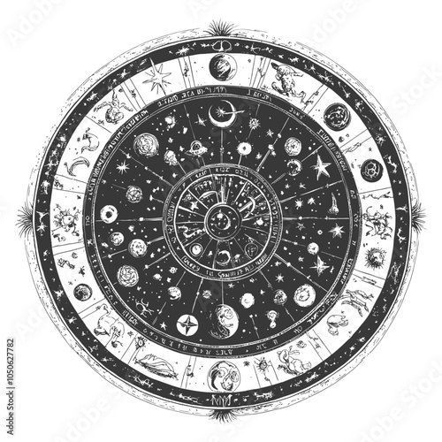 Circular Celestial Map with Zodiac Signs and Stars