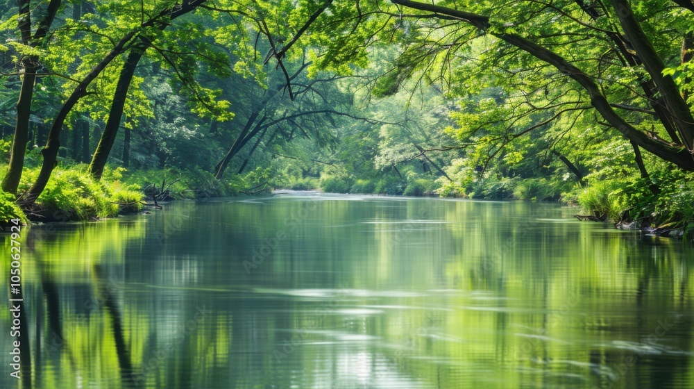 A tranquil river with flowing water, outdoor setting with overhanging trees, Serene style A tranquil river with flowing water, outdoor setting with overhanging trees, Serene style