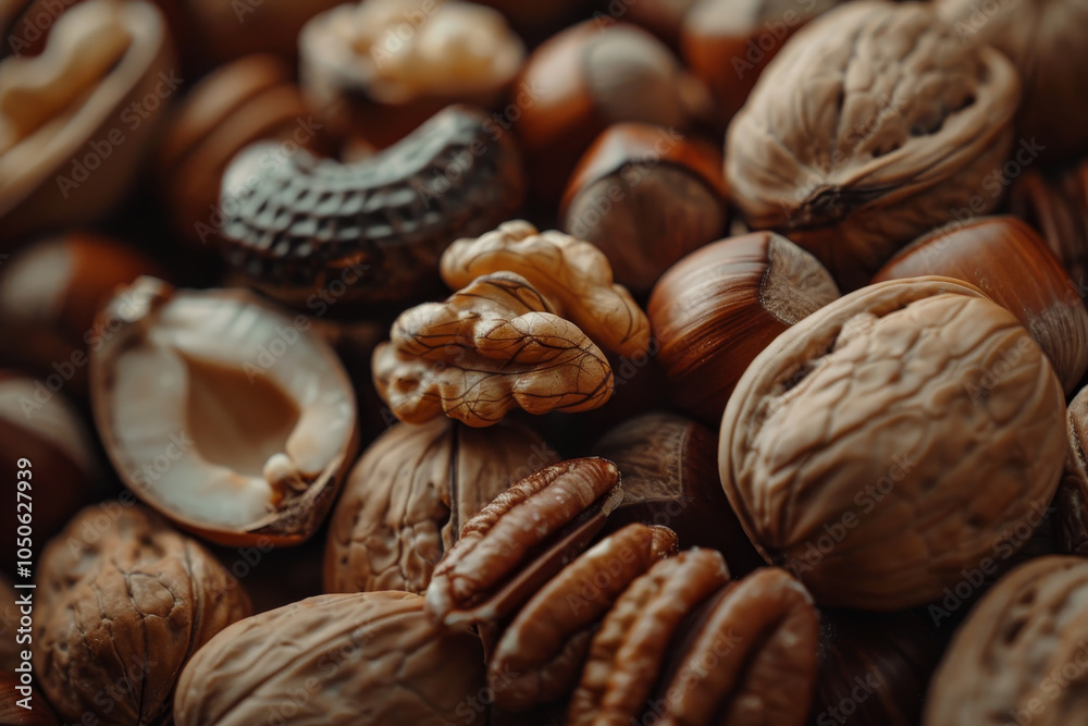 Assorted nuts including walnuts, pecans, and hazelnuts are scattered across a surface, showcasing their different shapes, sizes, and rich textures under soft lighting Assorted nuts including walnuts, pecans, and hazelnuts are scattered across a surface, showcasing their different shapes, sizes, and rich textures under soft lighting