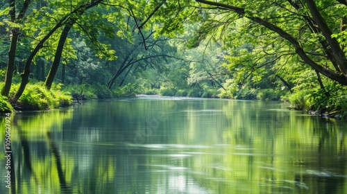 A tranquil river with flowing water, outdoor setting with overhanging trees, Serene style