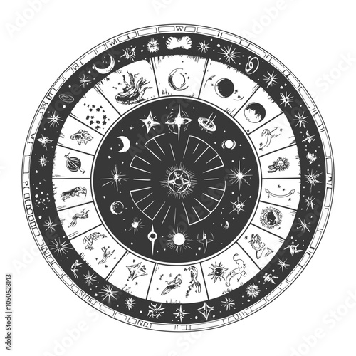 Celestial Wheel with Zodiac Constellations and Celestial Objects