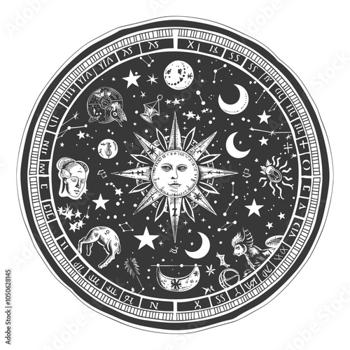 Celestial Wheel with Zodiac Signs, Sun, Moon, and Stars