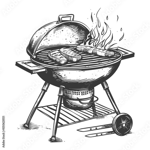 Charcoal Grill with Three Steaks and Flames