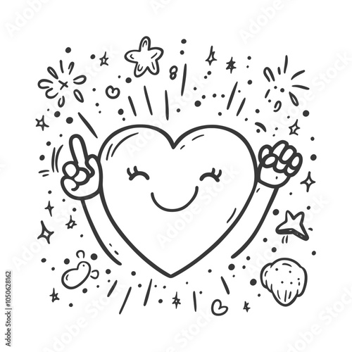 Cheerful Heart Character with Arms Raised in Celebration Surrounded by Doodle Stars and Confetti