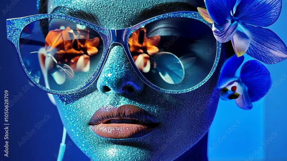 Vibrant woman with glitter makeup floral sunglasses Vibrant woman with glitter makeup floral sunglasses