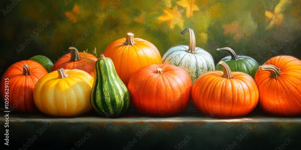 Bright and colorful autumn display featuring various pumpkins and gourds in a natural setting Bright and colorful autumn display featuring various pumpkins and gourds in a natural setting