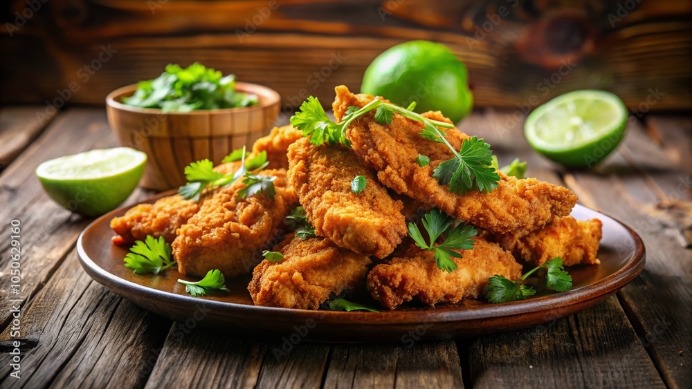 Delicious Fried Chicken Tenders with Lime and Parsley on Rustic Wooden Table for Food Lovers Delicious Fried Chicken Tenders with Lime and Parsley on Rustic Wooden Table for Food Lovers