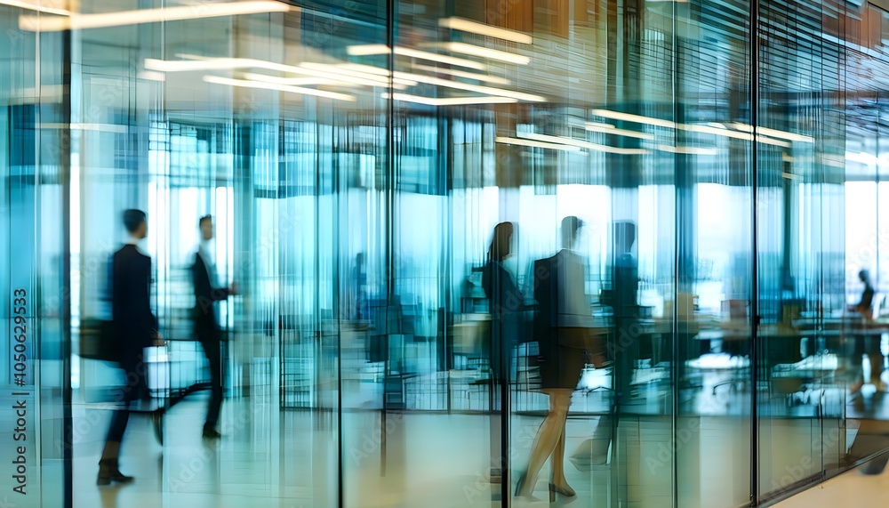 Dynamic corporate office ambiance with blurred movement of professionals behind glass walls Dynamic corporate office ambiance with blurred movement of professionals behind glass walls