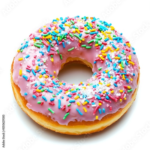 Delicious Pink Frosted Donut with Colorful Sprinkles on White Background, Perfect for Celebrations and Sweet Treats.