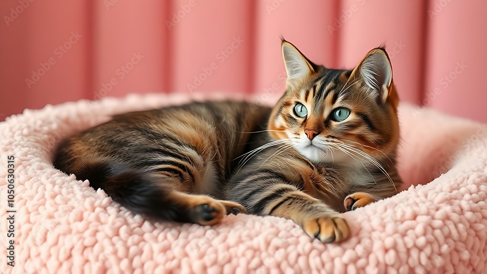 Obraz premium Portrait of cute cat lying on pink pet bed on pink wall in the room background