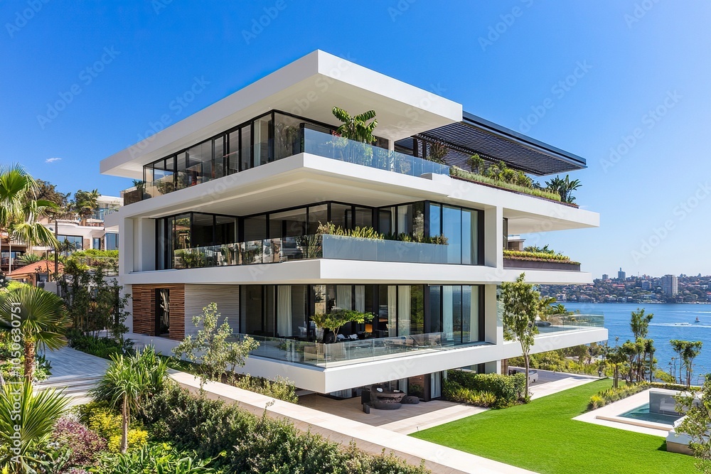 Obraz premium external view, modern white luxury apartment building in Sydney, near the ocean, very large balconies with glass railings, contemporary facade, roof top garden, generative ai