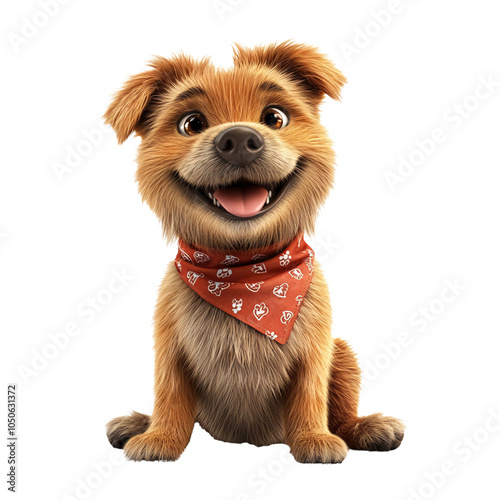 A cute, cartoon dog with a red bandana is sitting and smiling isolated on transparant background. Generative ai