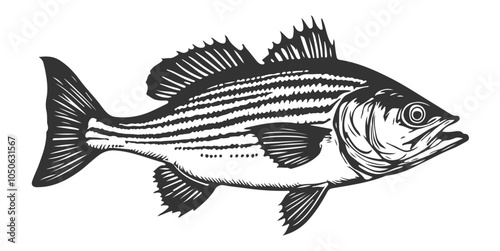 Striped Bass Fish Vector Art & Illustration, Vintage style Solid Black Color Vector Design

