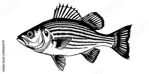 Striped Bass Fish Vector Art & Illustration, Vintage style Solid Black Color Vector Design
