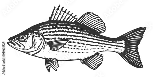 Striped Bass Fish Vector Art & Illustration, Vintage style Solid Black Color Vector Design
