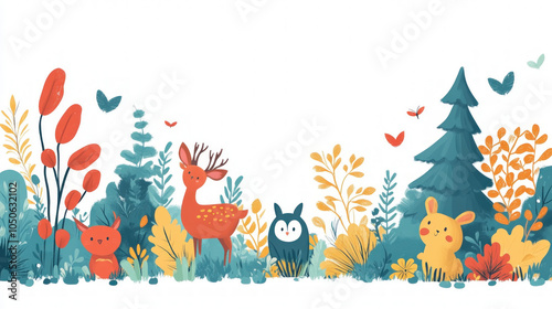 Wallpaper Mural Various Woodland Animals Like Deer, Rabbits, And Owls, Nestled Among Colorful Trees And Plants, Set Against A Light Sky Blue Background Torontodigital.ca