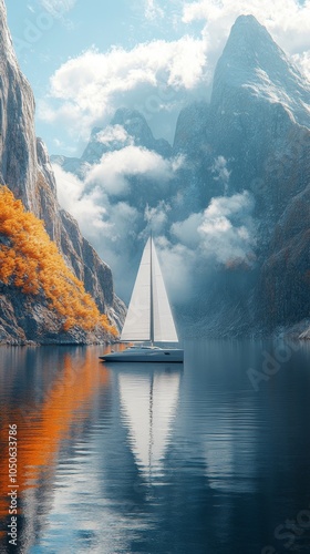 Futuristic Sailboat Gliding on Serene Waters with Dramatic Mountainous Backdrop in Tranquil Setting, Generative AI