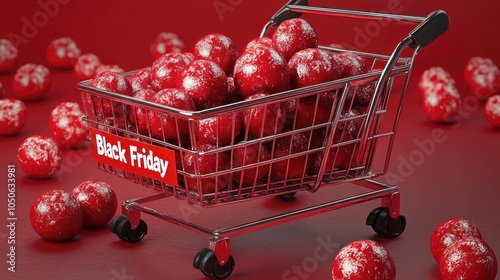 A festive Black Friday shopping cart filled with vibrant red ornaments on a bold background