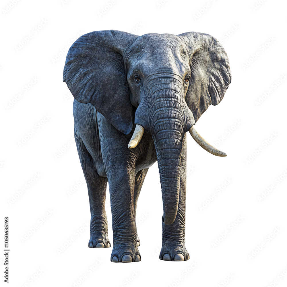 Fototapeta premium A large African elephant stands facing the camera with its trunk slightly raised, its large ears flapping in the wind isolated on transparant background. Generative ai