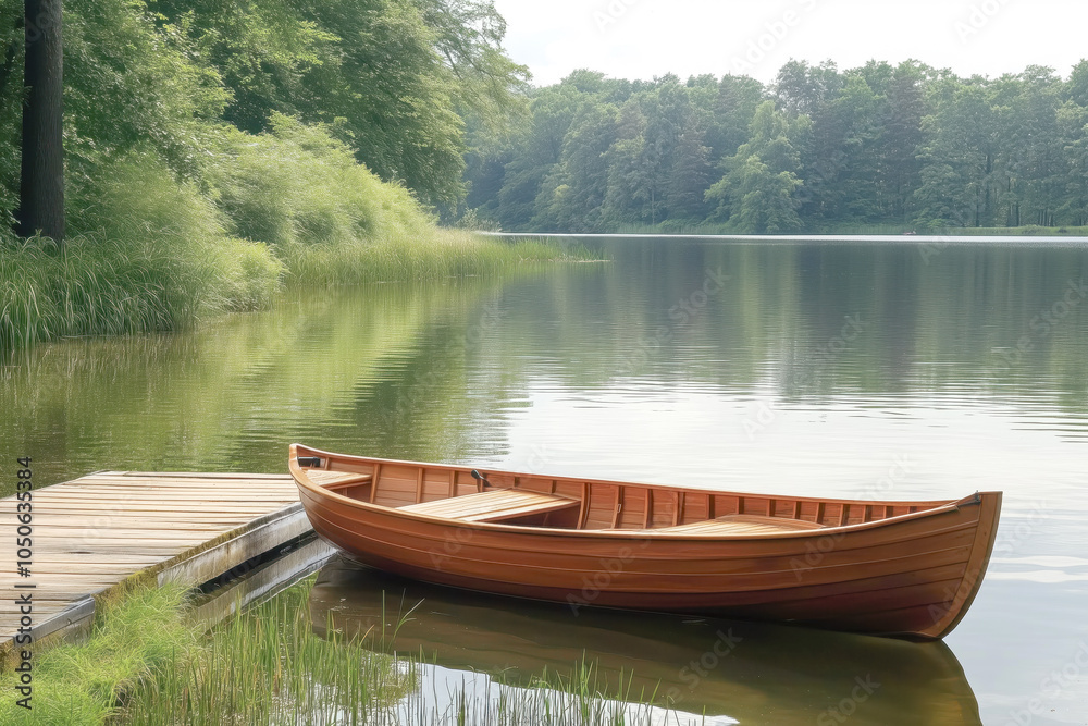 A tranquil lakeside retreat with a wooden dock and rowboat A tranquil lakeside retreat with a wooden dock and rowboat