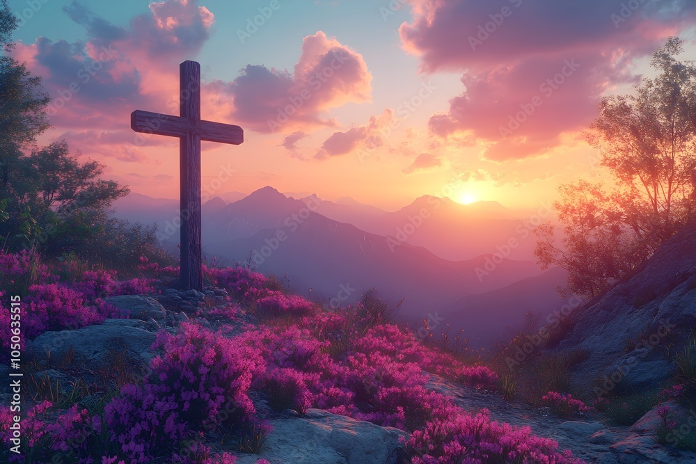 a dramatic scene of a christian wooden cross set against a stunning mountain sunset. a dramatic scene of a christian wooden cross set against a stunning mountain sunset.