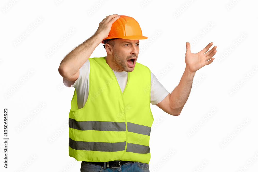 Angry Construction Foreman Worker Shouting Touching Hardhat Standing On White Background. Studio Shot Angry Construction Foreman Worker Shouting Touching Hardhat Standing On White Background. Studio Shot
