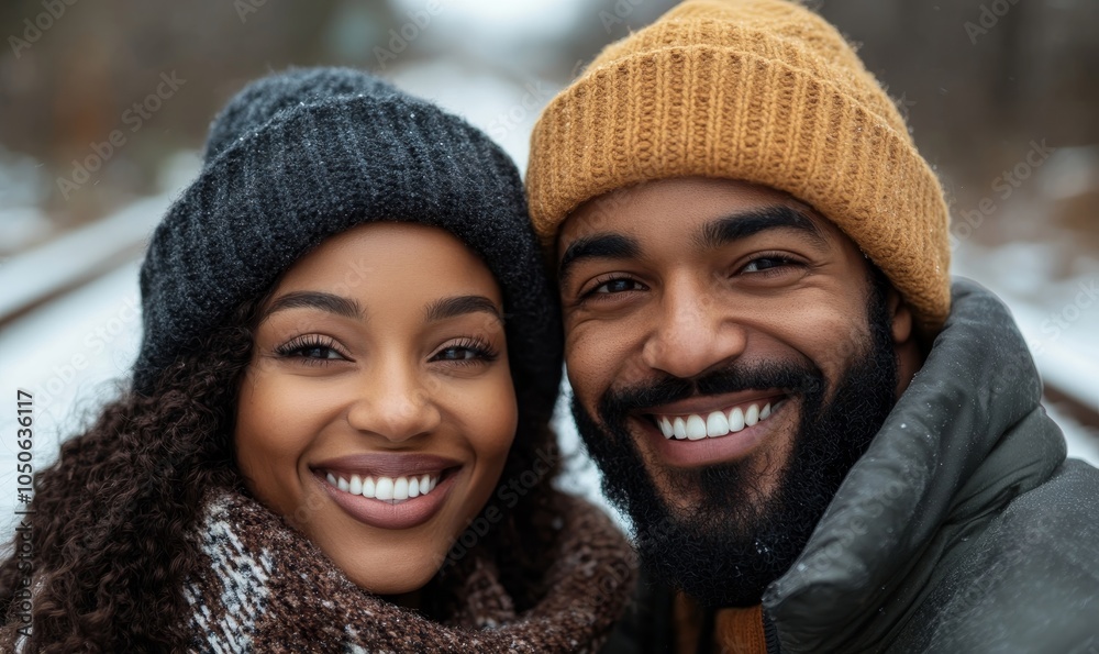 Happy Couple Smiling Near Train Tracks Outdoors in Winter, Wearing Warm Hats and Jackets, Embracing Each Other, Expressing Love and Joy, Capturing Romantic Moment in Natural, Generative AI Happy Couple Smiling Near Train Tracks Outdoors in Winter, Wearing Warm Hats and Jackets, Embracing Each Other, Expressing Love and Joy, Capturing Romantic Moment in Natural, Generative AI