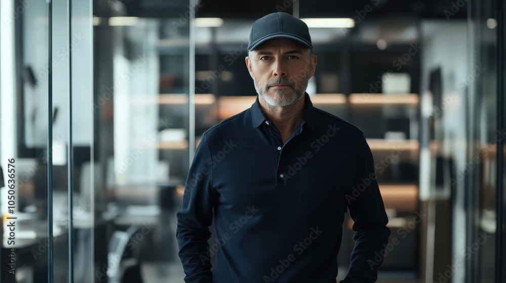 Fototapeta premium A middle-aged man poses in a contemporary office with glass walls, showcasing a modern cap