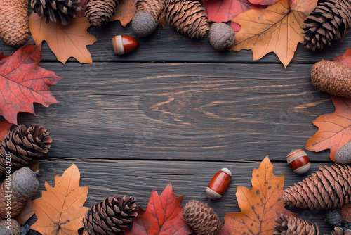 Fall themed background with leaves, pine cones, and acorns with copy space made of wood