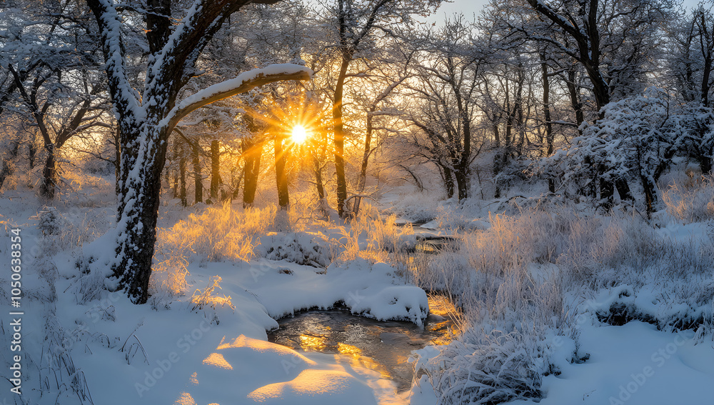 Beautiful winter forest landscape with tall trees covered in snow at sunset. AI generative. Beautiful winter forest landscape with tall trees covered in snow at sunset. AI generative.
